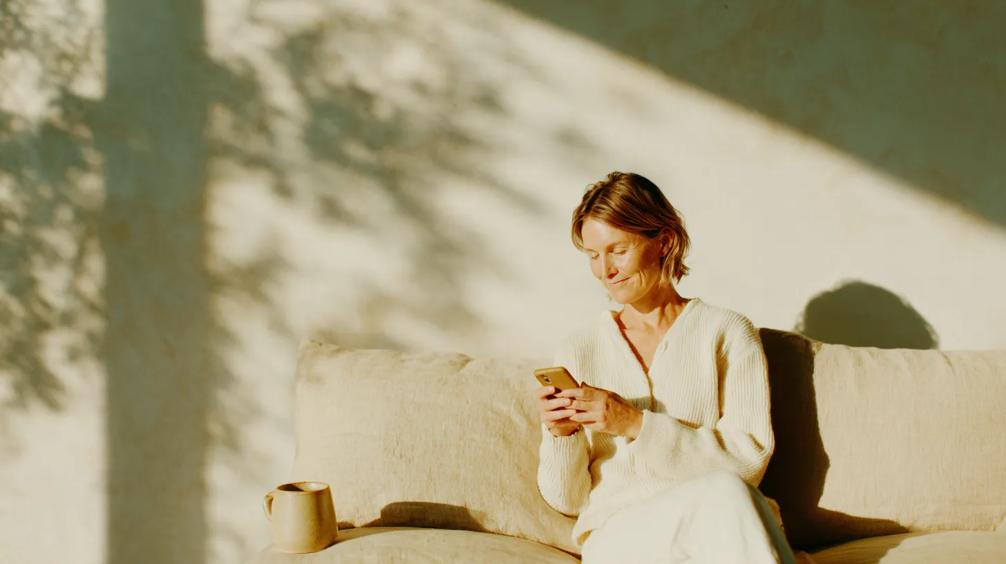 Woman sitting on a couch checking her wellness plan on her phone